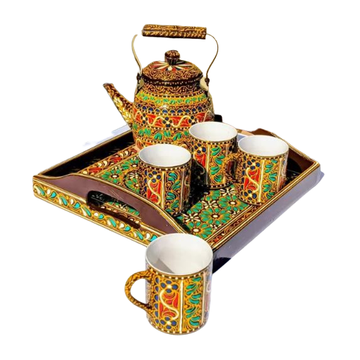 Swati Traditional Art Hand Painted Ceramic Cups, Tray and Steel Teapot 6pc Set