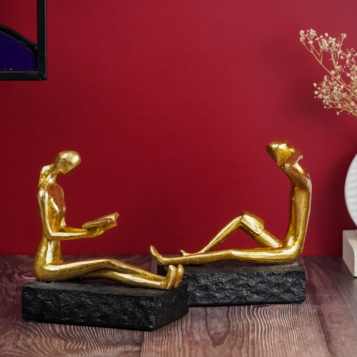 Gold Reading and Thinking Bookend Sculptures