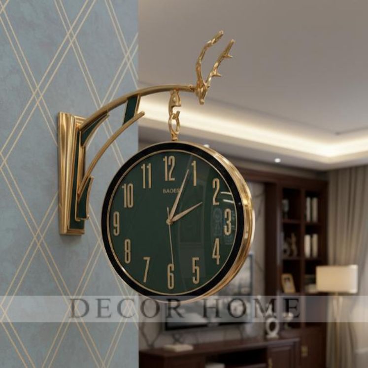 Luxury Deer Head Round Wall Hanging Double Sided Retro Station Wall Clock