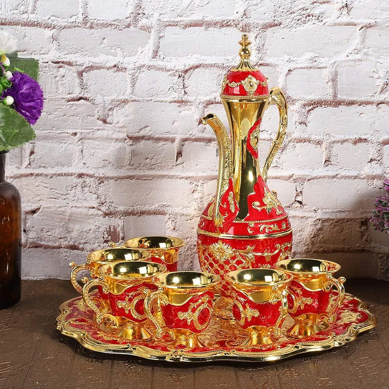 Royal Metal Tea Pot with 6 Tea Cups and Tray