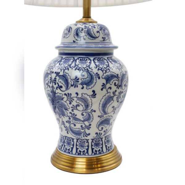 Blue Potery Table Lamp With White Drum