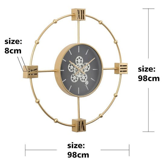 Large Gold Metal Moving Gears Wall Clock