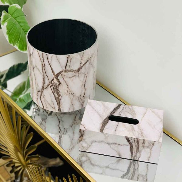 White Marble Designed Tissue Box Set