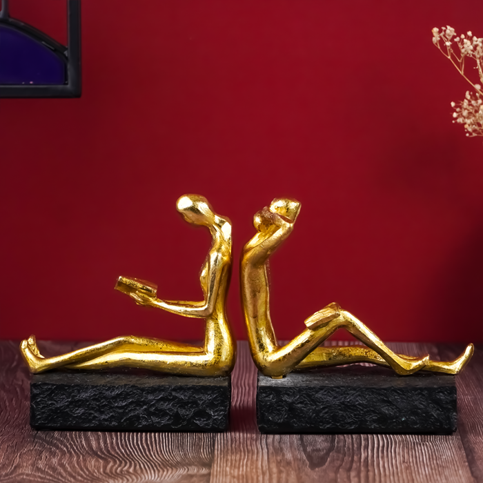 Gold Reading and Thinking Bookend Sculptures