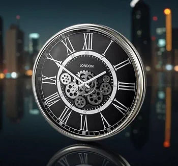 London Wall Clock Metal with Visible Spinning Gears