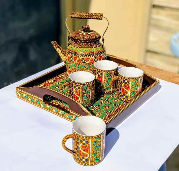 Swati Traditional Art Hand Painted Ceramic Cups, Tray and Steel Teapot 6pc Set