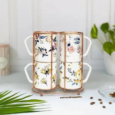 Coffee Mug With Stand - Floral Design - Set Of 4