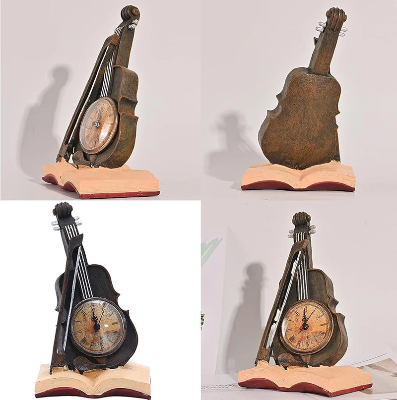 Violin Model Figurine Creative Table Clock Rests On Book