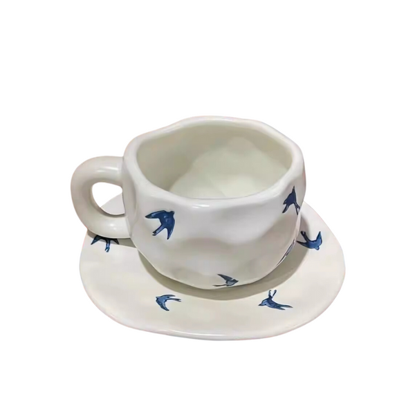 Matte White Blue Swallow Coffee Cup and Saucer