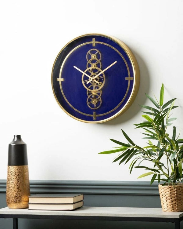 Alki Blue & Gold Moving Gears Clock