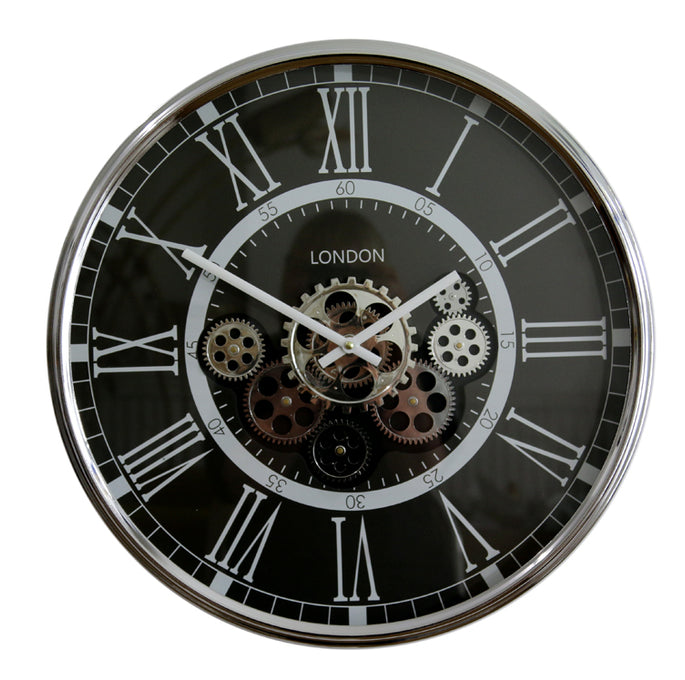 London Wall Clock Metal with Visible Spinning Gears