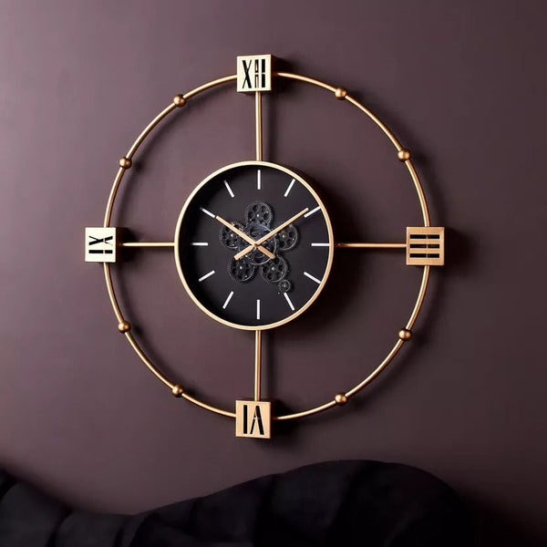 Large Gold Metal Moving Gears Wall Clock