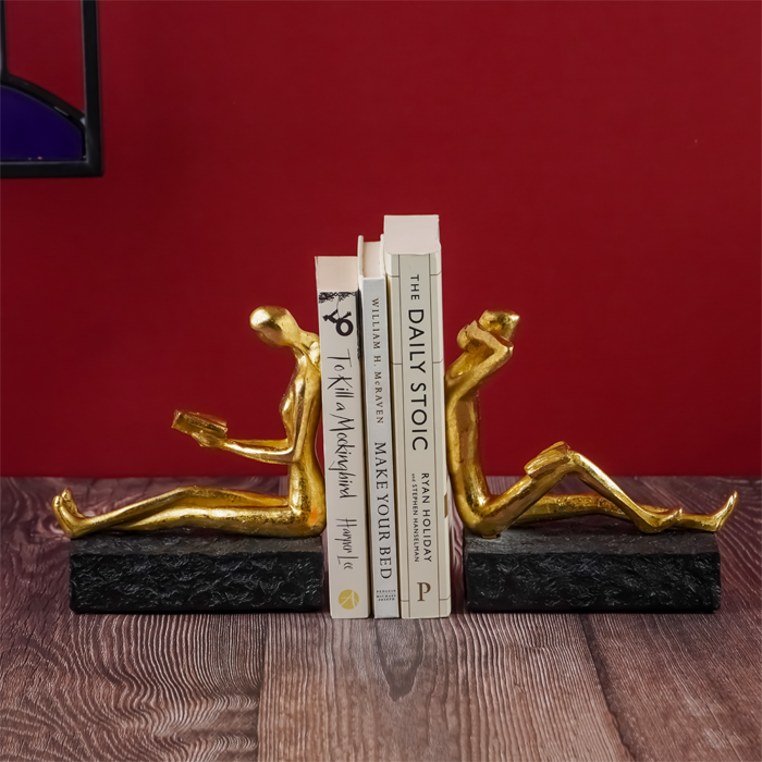 Gold Reading and Thinking Bookend Sculptures